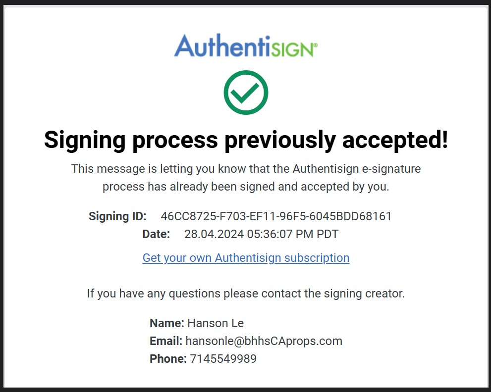 Authentisign Confirmation - Lease Signed