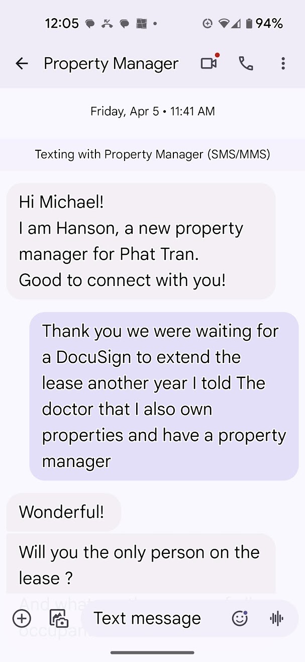 May text from Hanson Le introducing himself again as new property manager
