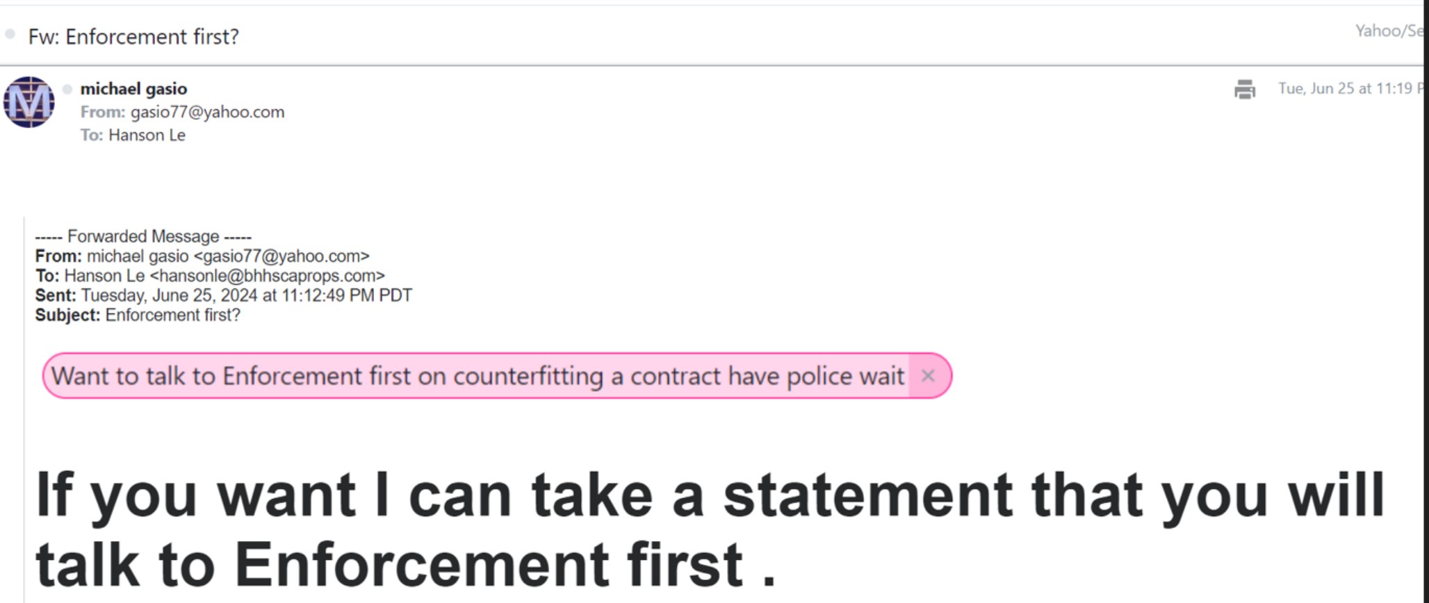 Email to Hanson Le – Enforcement First