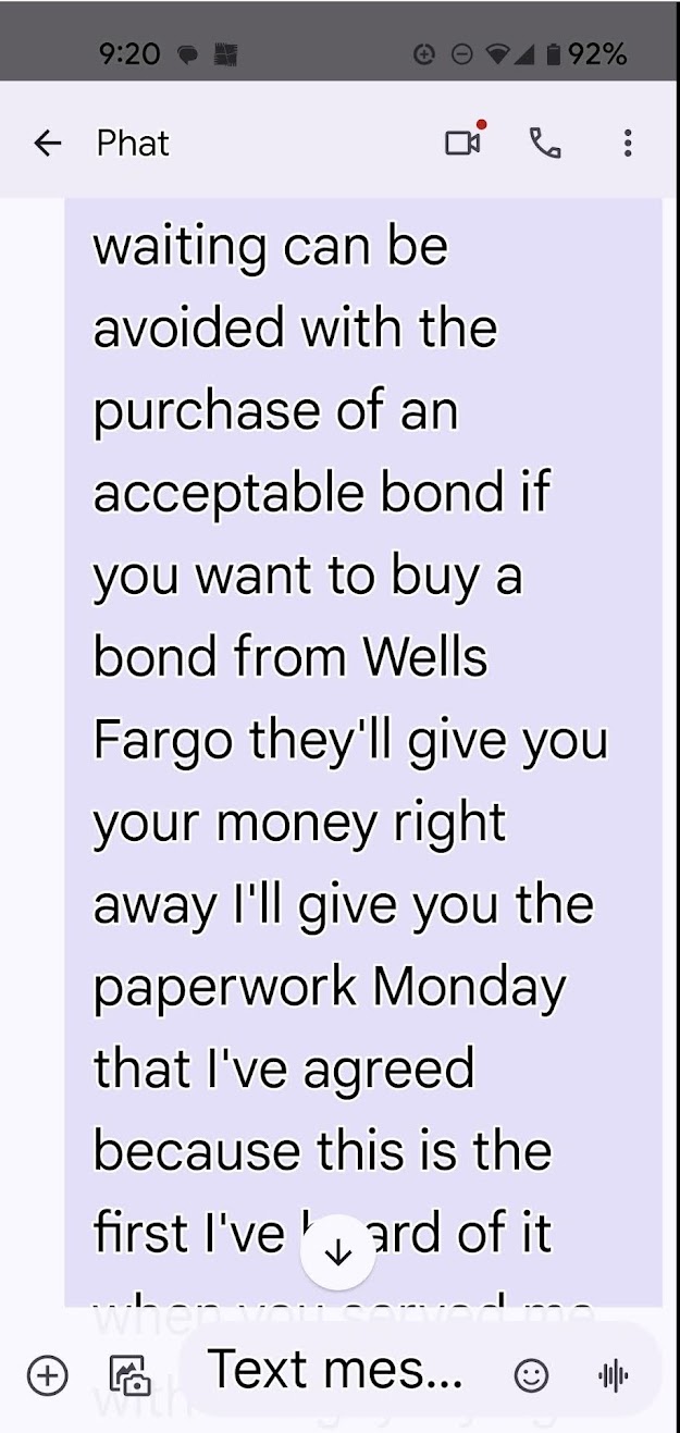 Text from owner proposing Wells Fargo bond instead of refund