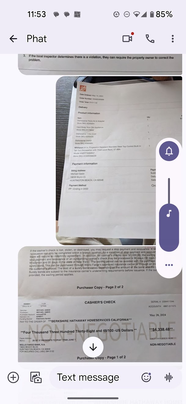 Text from owner proposing Wells Fargo bond instead of refund