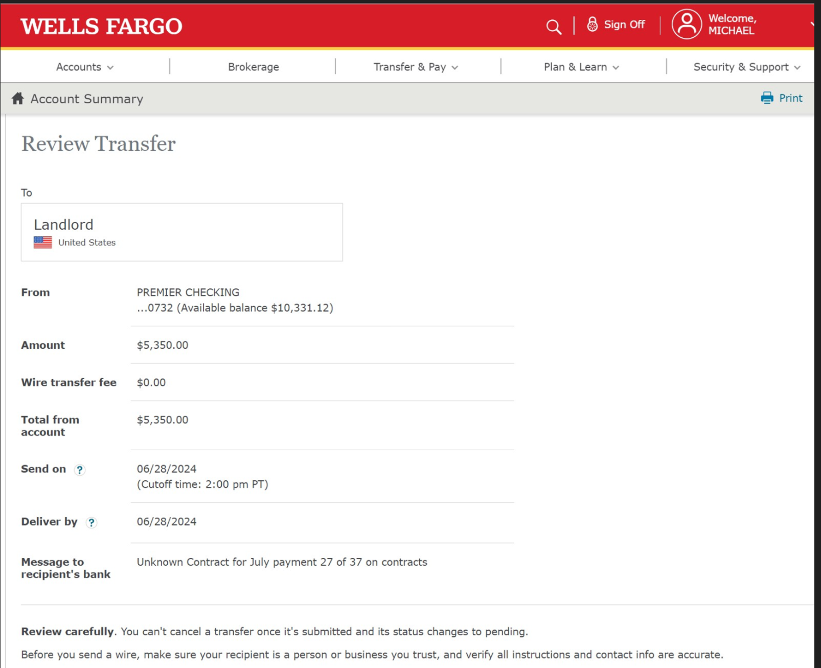 Wire Transfer to Owner