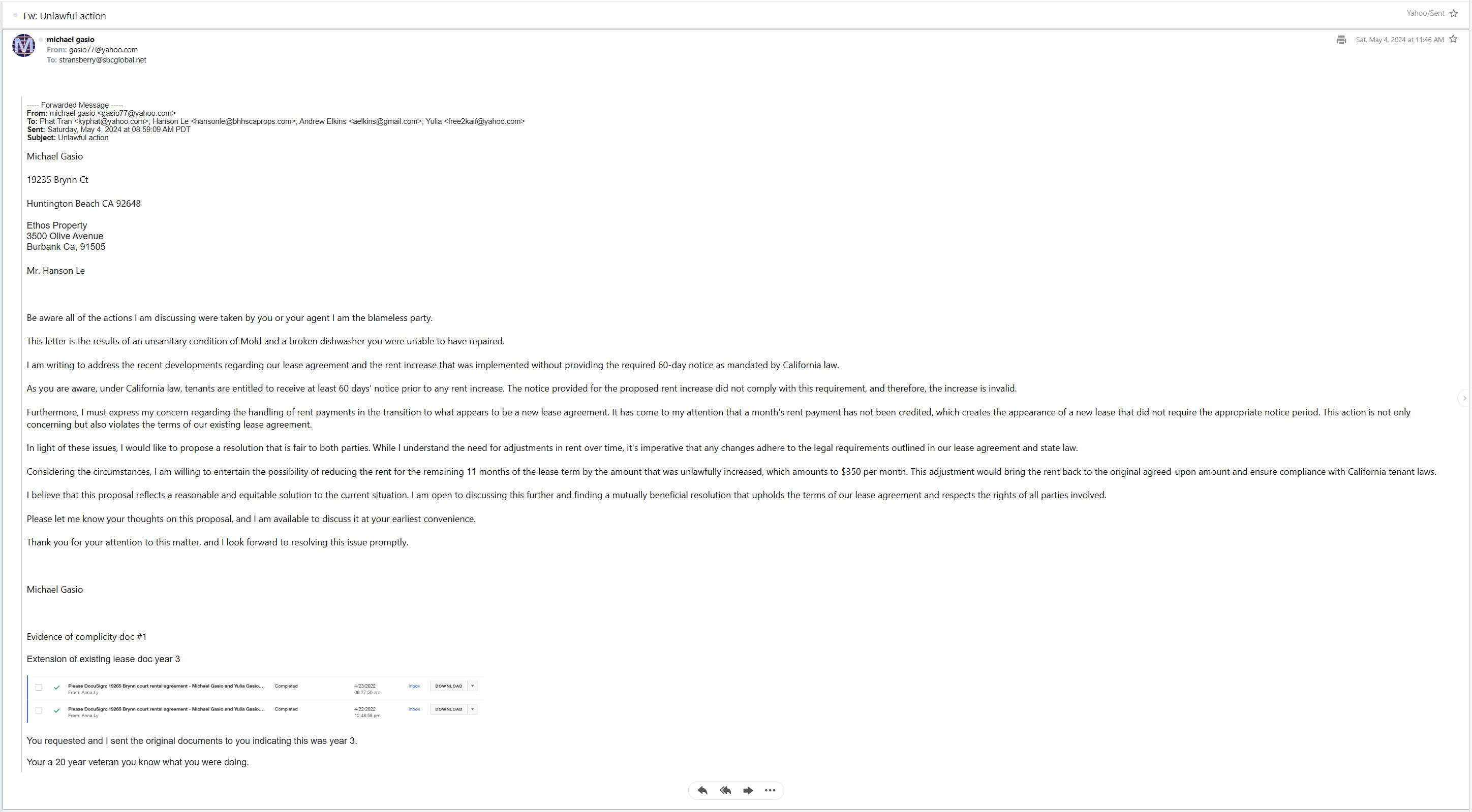 May 4, 2024 pre-eviction notice email