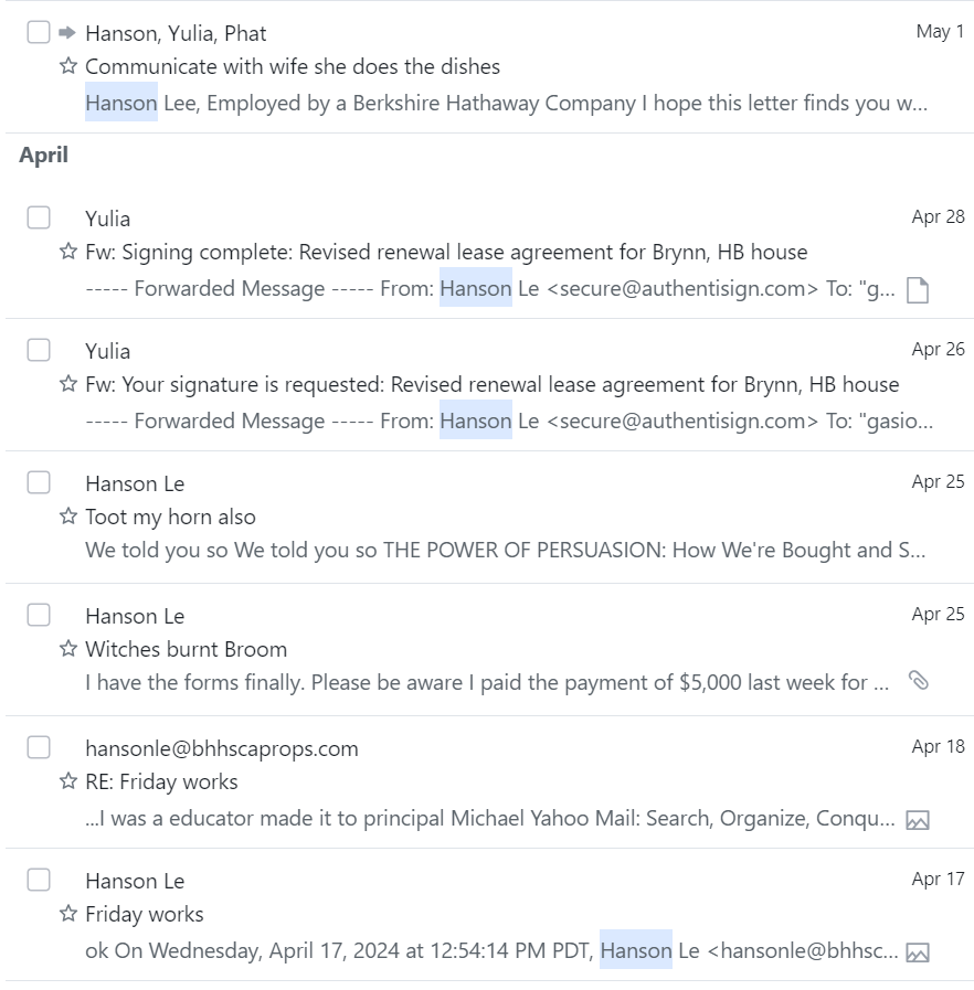 Hanson acknowledges rent paid