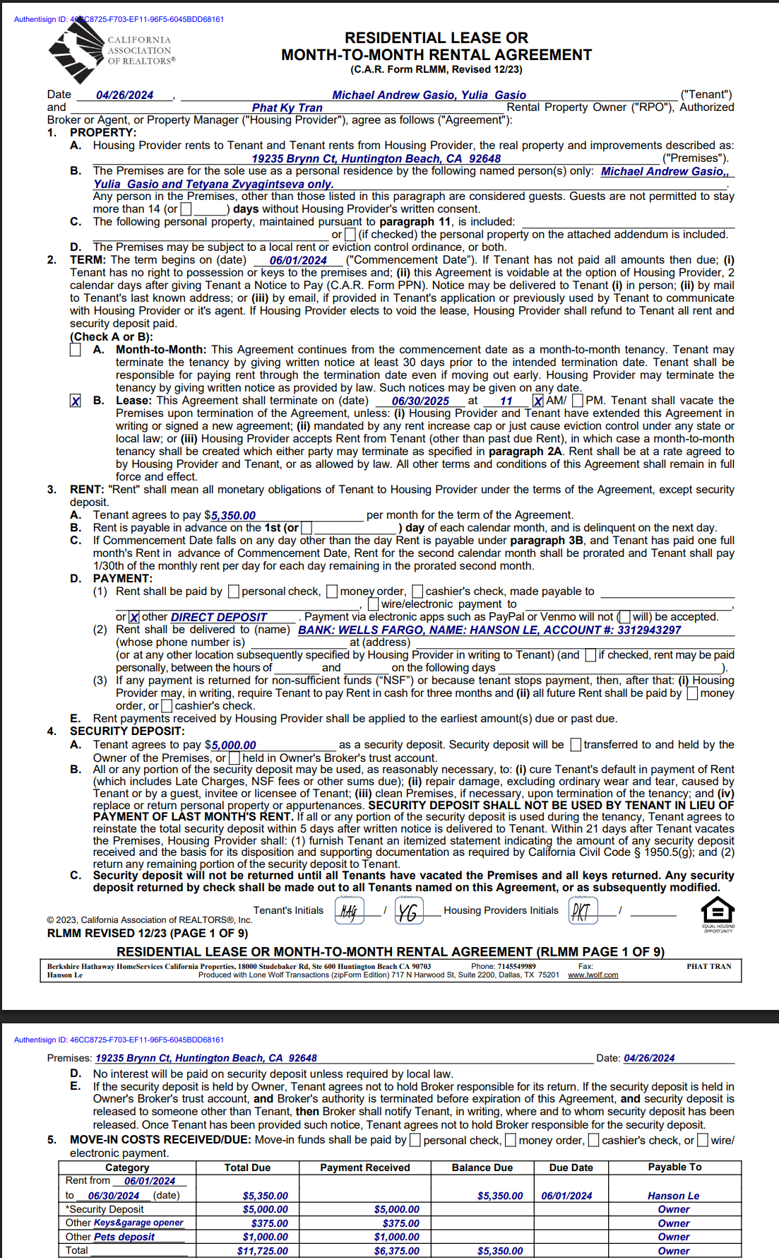 Authentisign signed lease with 13-month term