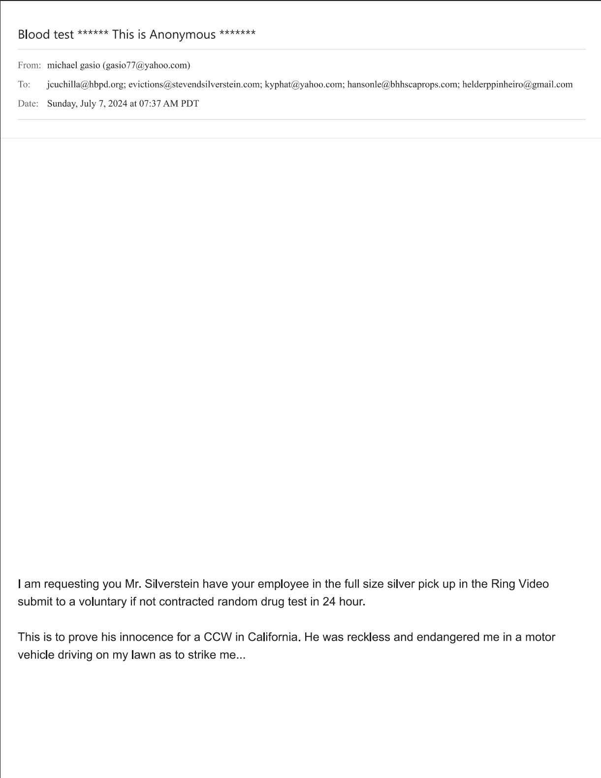 Email to HBPD: Blood Test Anonymous — July 7 2024