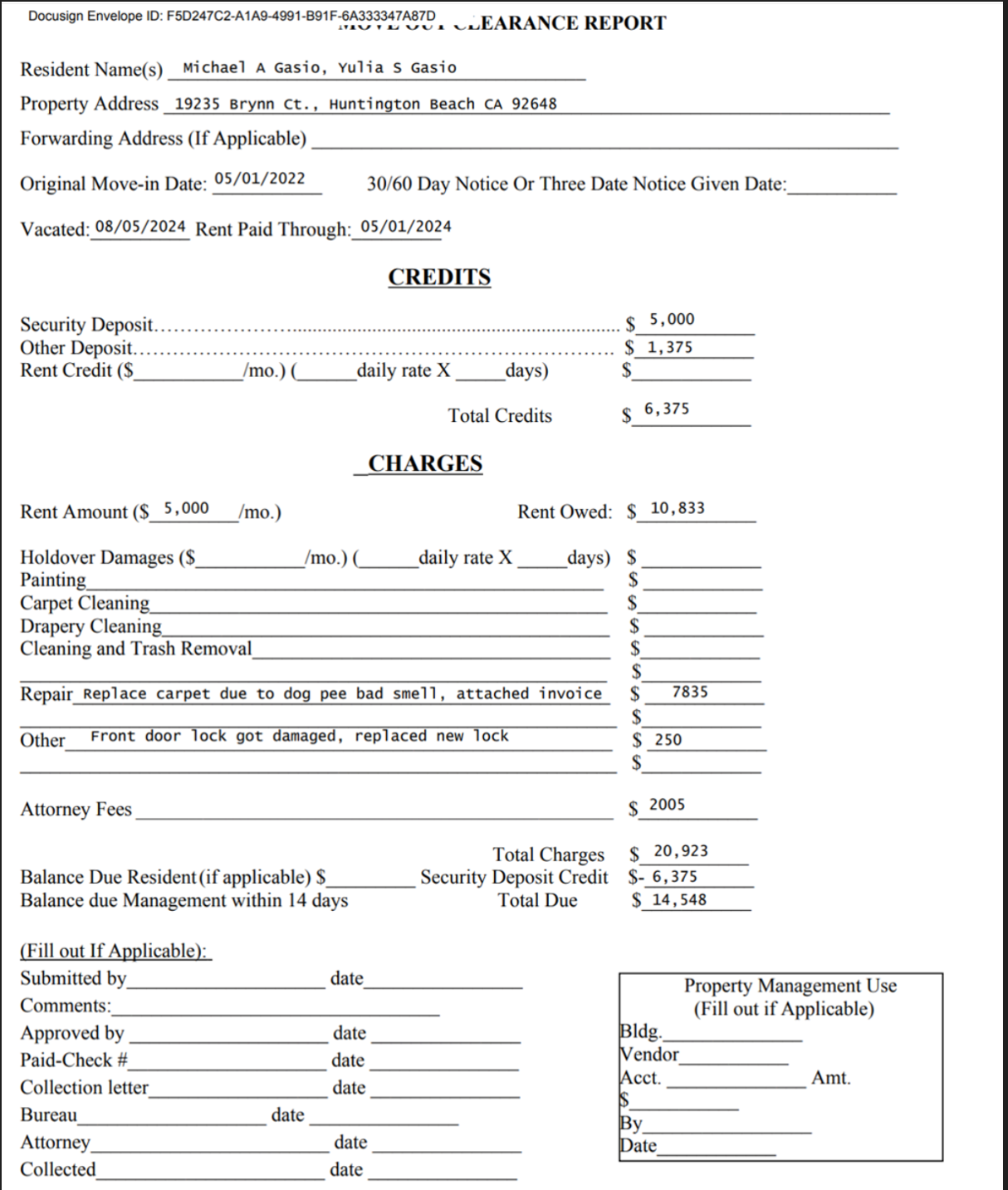 Move-out statement showing alleged deductions