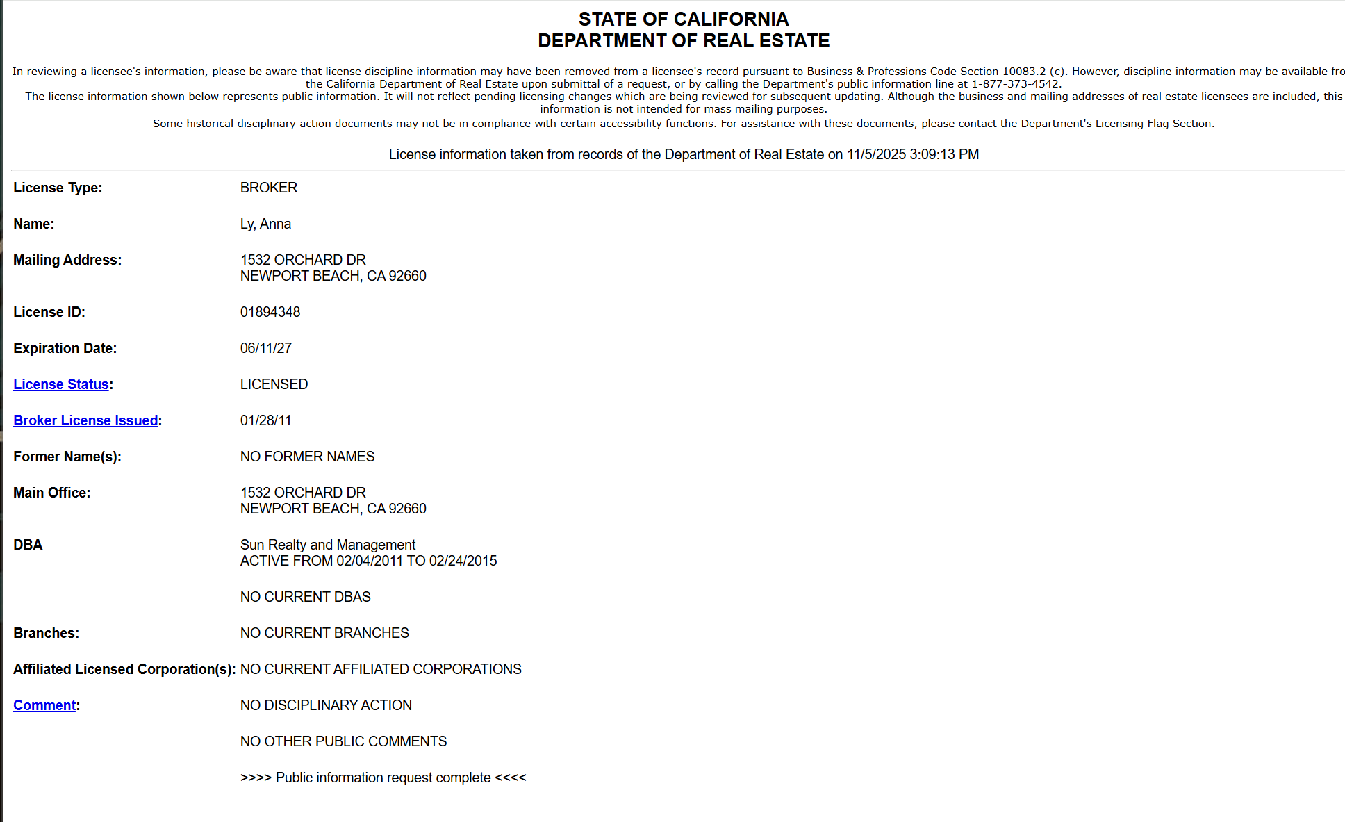 CA DRE Record – Anna Ly
