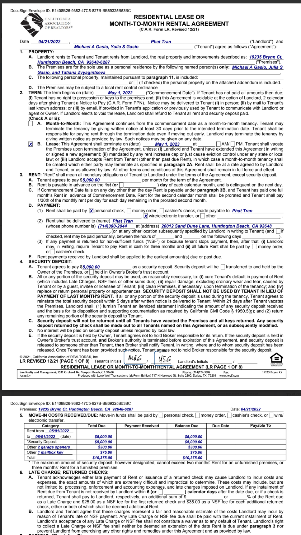 Lease agreement showing rent due on 1st of each month
