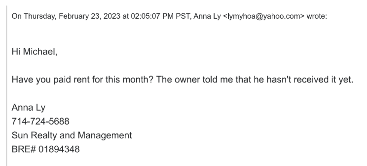 Message stating rent must be paid early or $500 fee will be assessed