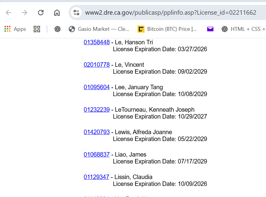 Hanson Le license entry with dates