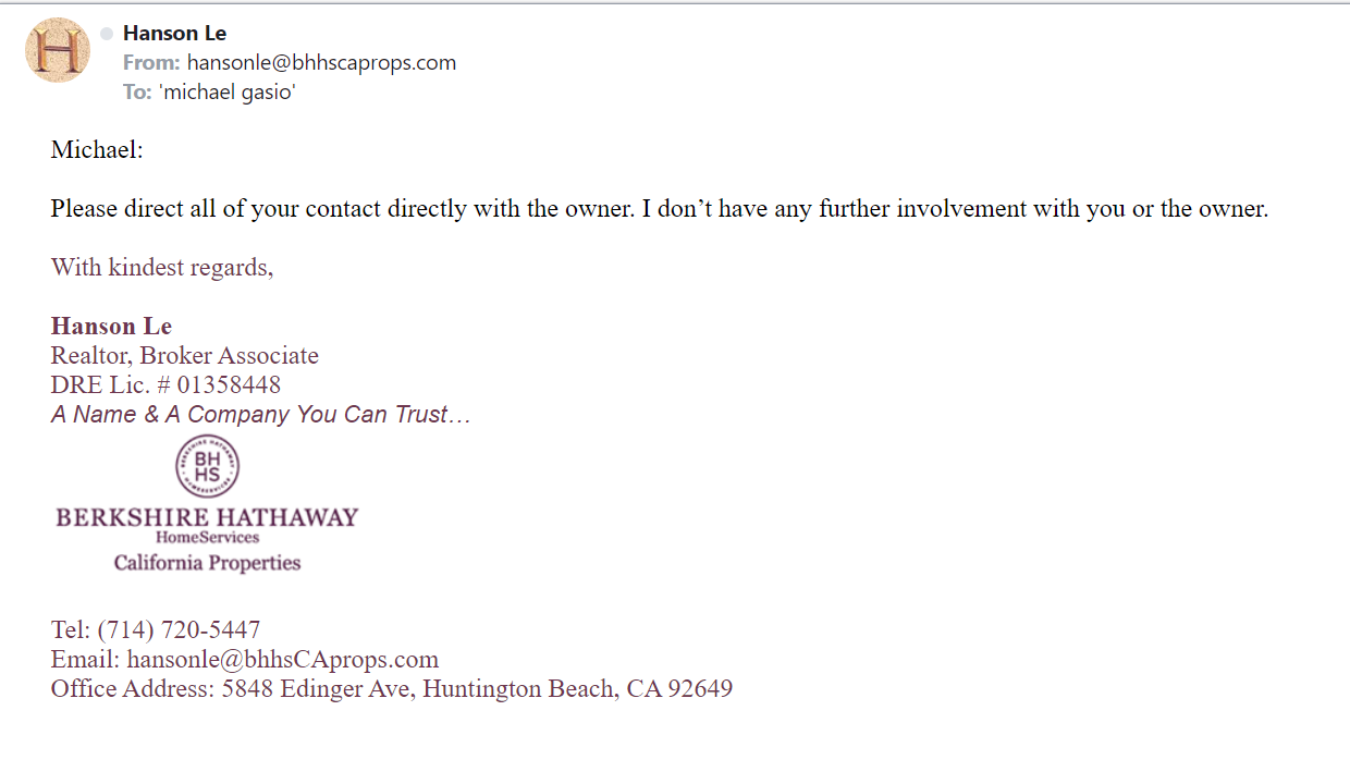 BHHS Email from Hanson Le