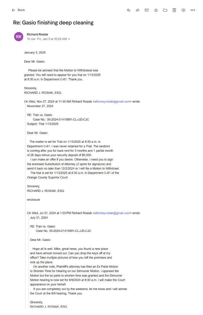 Email chain from Richard Rosiak confirming withdrawal before trial